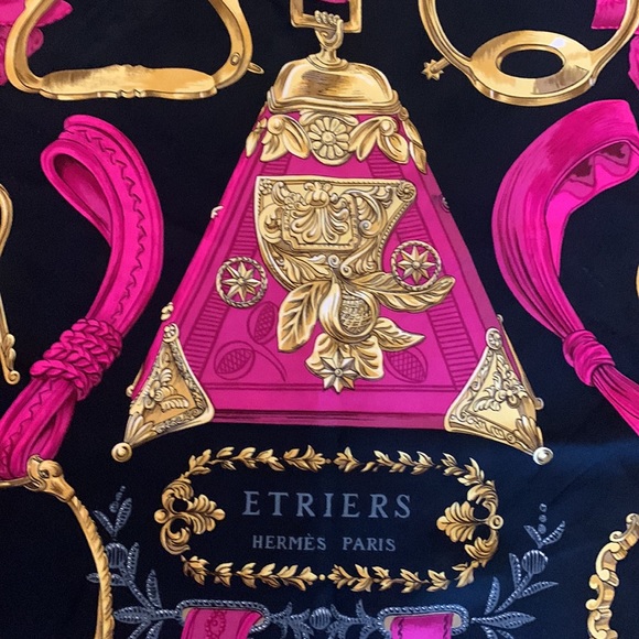 Hermes Paris Etriers 90 Black and Pink Stirrups Scarf - Picture 2 of 10